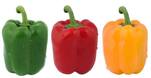 Three bell peppers in a row, green, red and yellow